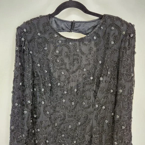 Vintage JOAN LESLIE Hollywood-Fairy-Tale Beaded Black Silk Sheath Dress Size 10. - Picture 6 of 16